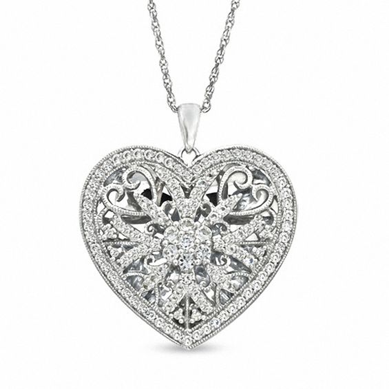 Lab-Created White Sapphire Heart Locket Pendant in Sterling Silver