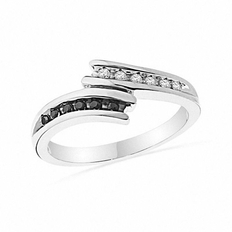 0.12 CT. T.W. Enhanced Black and White Diamond Bypass Ring in Sterling Silver|Peoples Jewellers