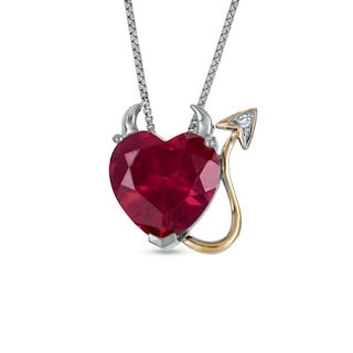 12.0mm Heart-Shaped Lab-Created Ruby and Diamond Accent Devilish Pendant in Sterling Silver and 14K Gold