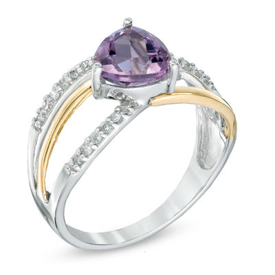 7.0mm Trillion-Cut Amethyst and Lab-Created White Sapphire Ring in Sterling Silver with 14K Gold Plate