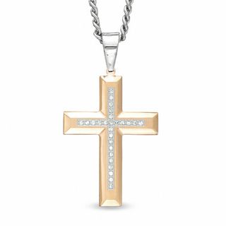 Men's 0.12 CT. T.W. Diamond Cross Pendant in Two-Tone Stainless Steel - 24"