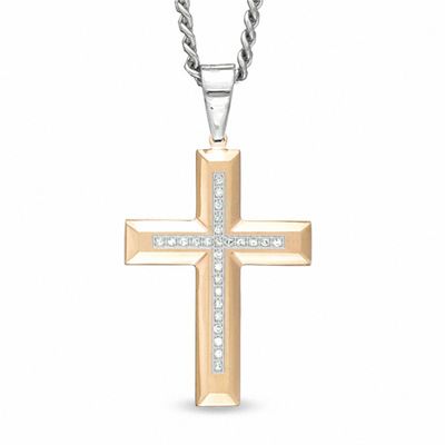 Men's 0.12 CT. T.W. Diamond Cross Pendant in Two-Tone Stainless Steel - 24"