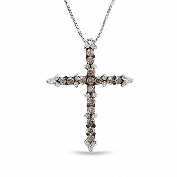 0.50 CT. T.W. Champagne and White Diamond Cross Pendant in 10K White Gold