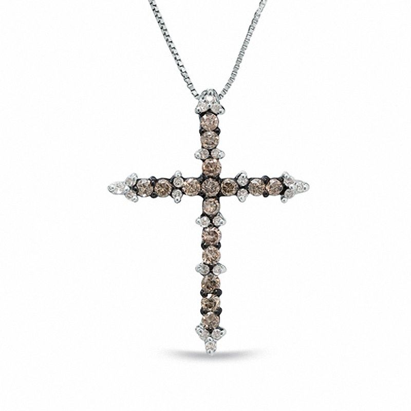 0.50 CT. T.W. Champagne and White Diamond Cross Pendant in 10K White Gold|Peoples Jewellers