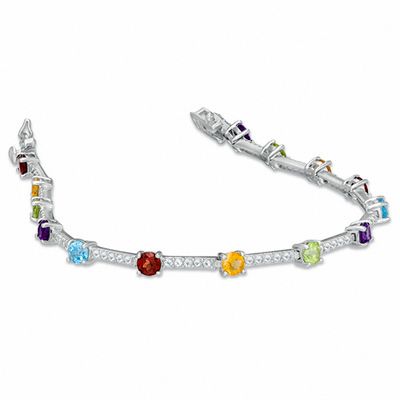 Multi Semi-Precious Gemstone and Lab-Created White Sapphire Bracelet in Sterling Silver - 7.25"