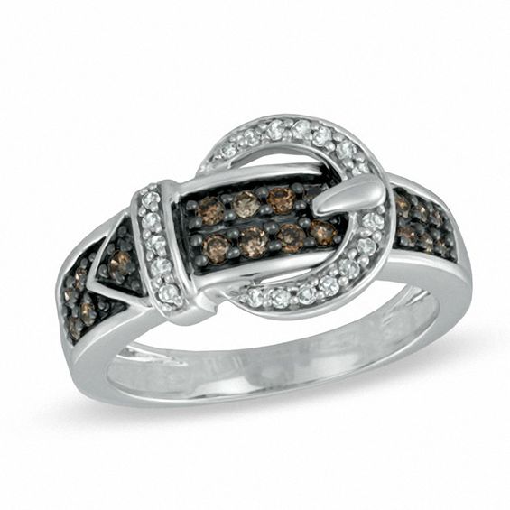 0.33 CT. T.W. Champagne and White Diamond Belt Buckle Ring in 10K White Gold