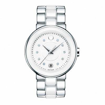 Ladies' Movado Cerena Diamond Accent Stainless Steel and Ceramic Watch with White Dial (Model: 0606540)