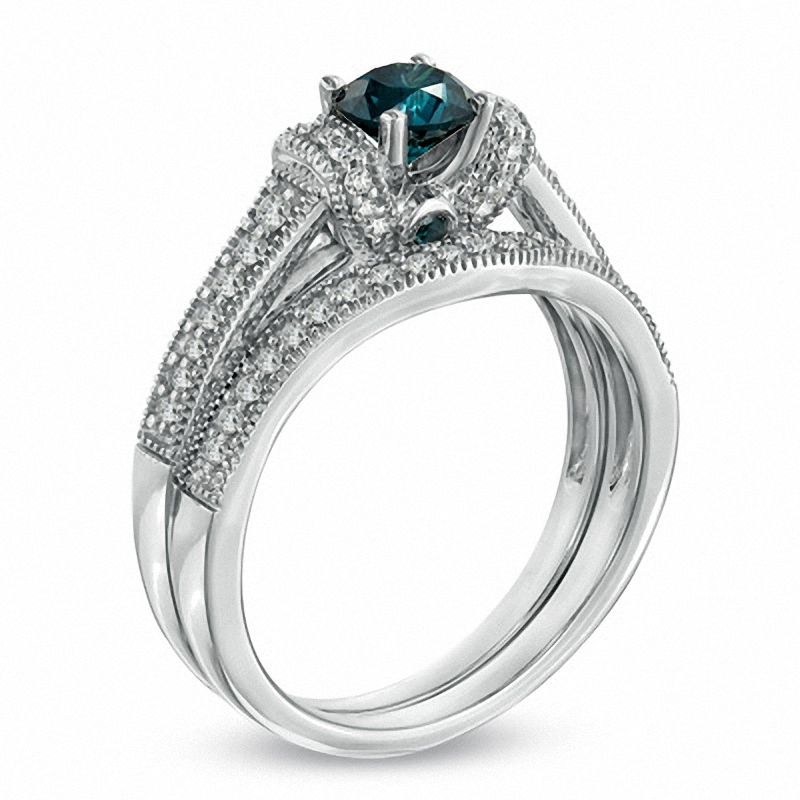 Main Image 2 of 1.00 CT. T.W. Enhanced Blue and White Diamond Vintage-Style Bridal Set in 14K White Gold