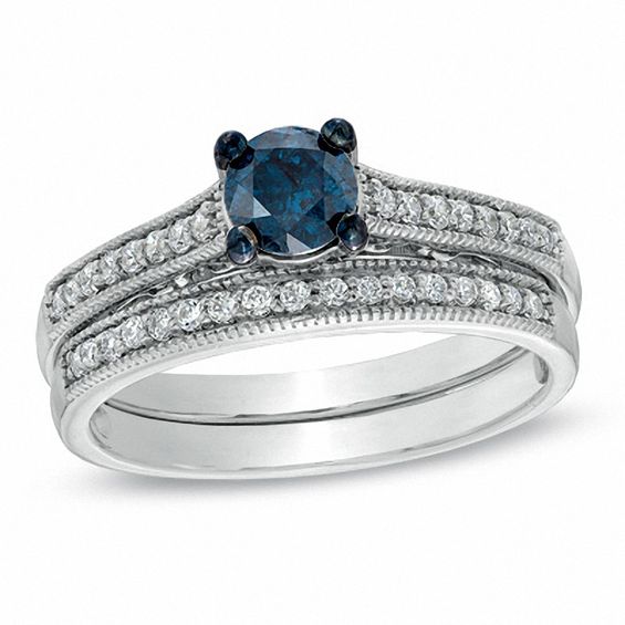 0.75 CT. T.W. Enhanced Blue and White Diamond Vintage-Style Bridal Set in 14K White Gold