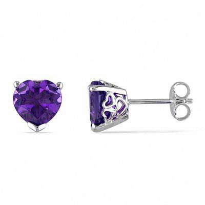 8.0mm Heart-Shaped Amethyst Solitaire Stud Earrings in Sterling Silver