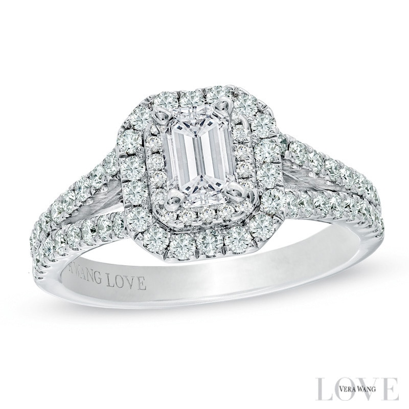 Vera Wang Love Collection 1.29 CT. T.W. Emerald-Cut Diamond Split Shank Frame Engagement Ring in 14K White Gold