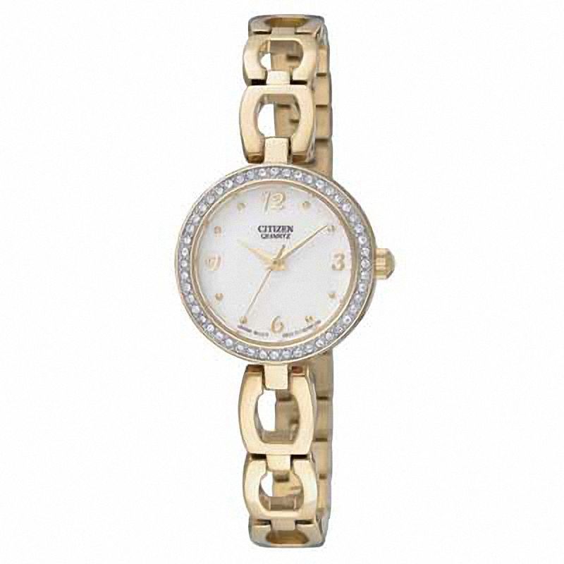 Ladies' Citizen Quartz SL Crystal Gold-Tone Watch with White Dial (Model: EJ6072-55A)