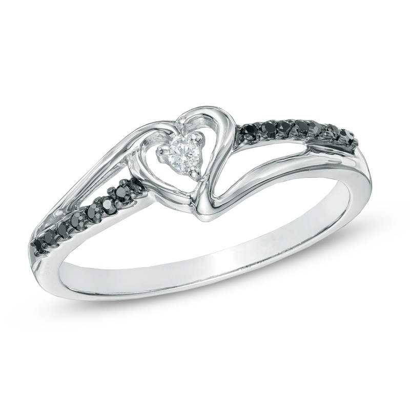 0.10 CT. T.W. Black and White Diamond Heart Split Shank Ring in Sterling Silver|Peoples Jewellers