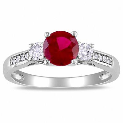 Lab-Created Ruby, White Lab-Created Sapphire and 0.05 CT. T.W. Diamond Three Stone Ring in 10K White Gold