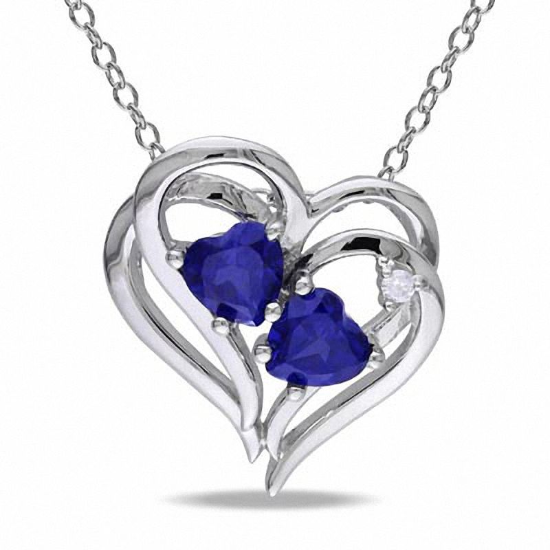 Heart-Shaped Lab-Created Blue Sapphire and Diamond Accent Double Heart Pendant in Sterling Silver|Peoples Jewellers