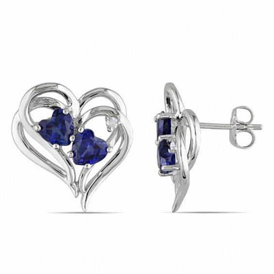 Lab-Created Heart-Shaped Blue Sapphire and Diamond Accent Double Heart Earrings in Sterling Silver