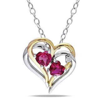 Heart-Shaped Lab-Created Ruby and Diamond Accent Double Heart Pendant in Two-Tone Sterling Silver