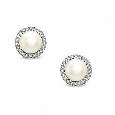 Honora 5.5-6.0mm Freshwater Cultured Pearl and 0.11 CT. T.W. Diamond Frame Earrings in Sterling Silver