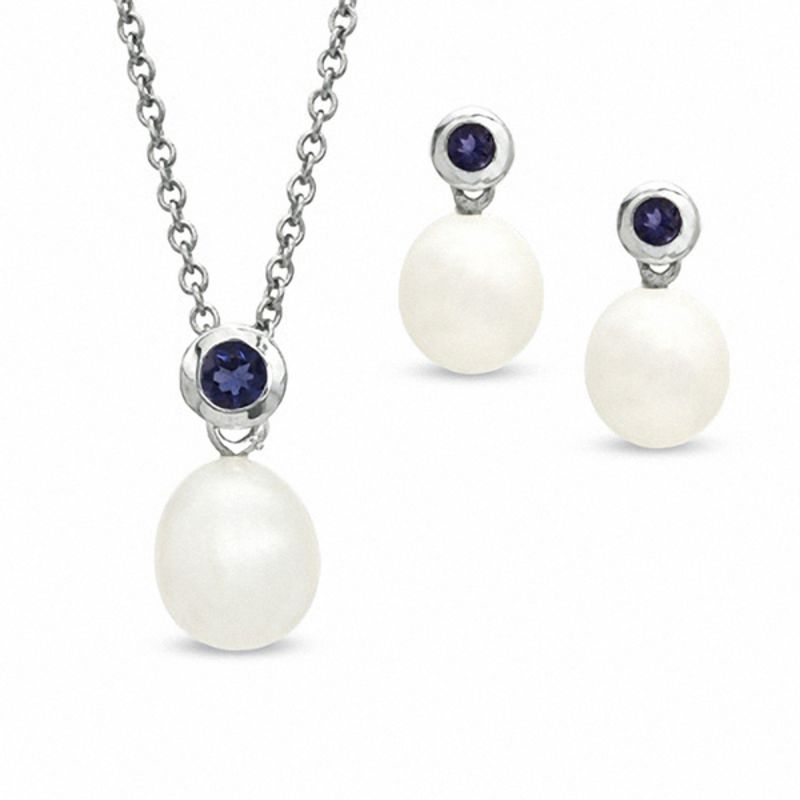 Honora 8.0-8.5mm Freshwater Cultured Pearl and Iolite Pendant and Earrings Set in Sterling Silver