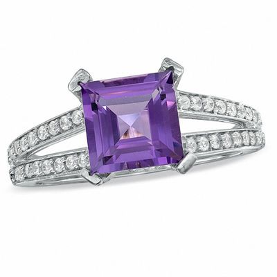 Princess-Cut Amethyst and 0.27 CT. T.W. Diamond Ring in 10K White Gold