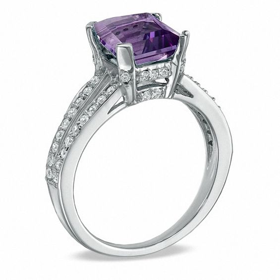 Princess-Cut Amethyst and 0.27 CT. T.W. Diamond Ring in 10K White Gold