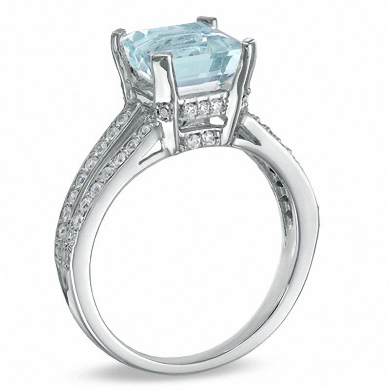 Princess-Cut Aquamarine and 0.25 CT. T.W. Diamond Ring in 10K White ...
