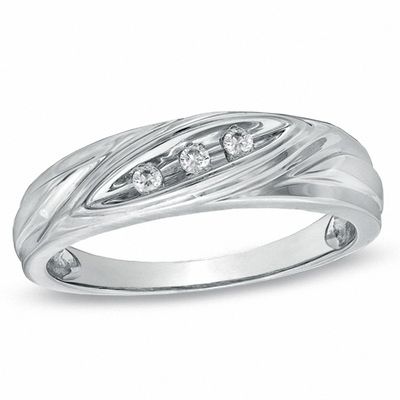 Men's 0.10 CT. T.W. Diamond Three Stone Slant Band in 10K White Gold