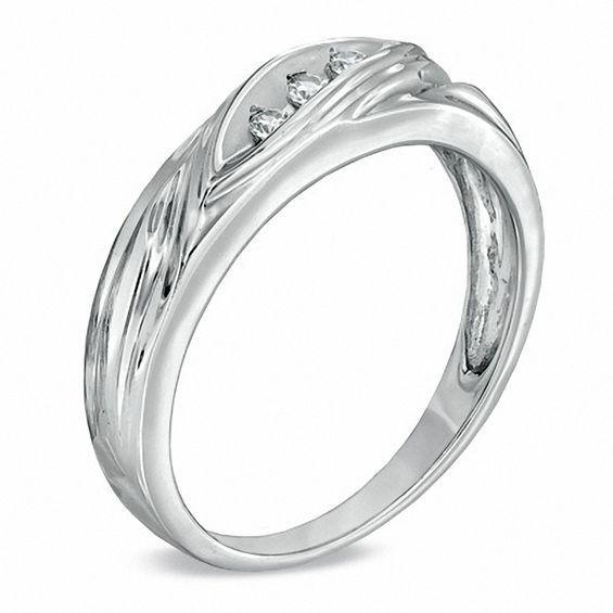 Men's 0.10 CT. T.W. Diamond Three Stone Slant Band in 10K White Gold