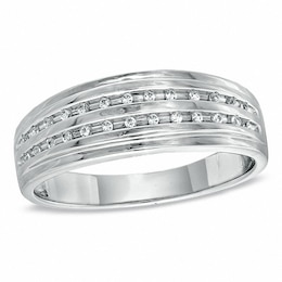 Men's 0.10 CT. T.W. Diamond Double Row Wedding Band in Sterling Silver