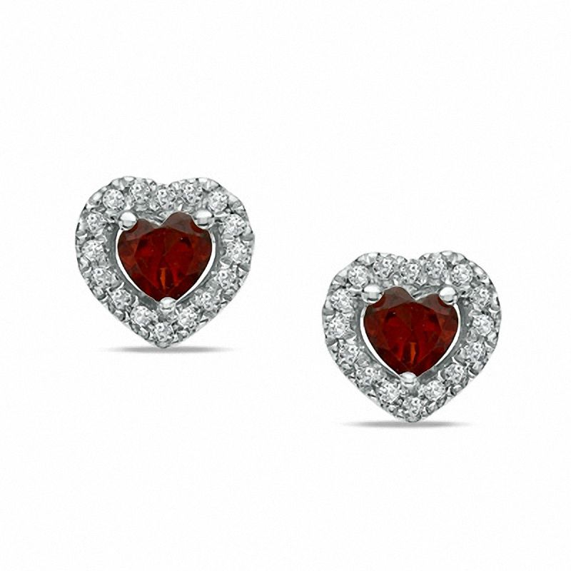 Heart-Shaped Garnet and 0.15 CT. T.W. Diamond Frame Stud Earrings in Sterling Silver|Peoples Jewellers