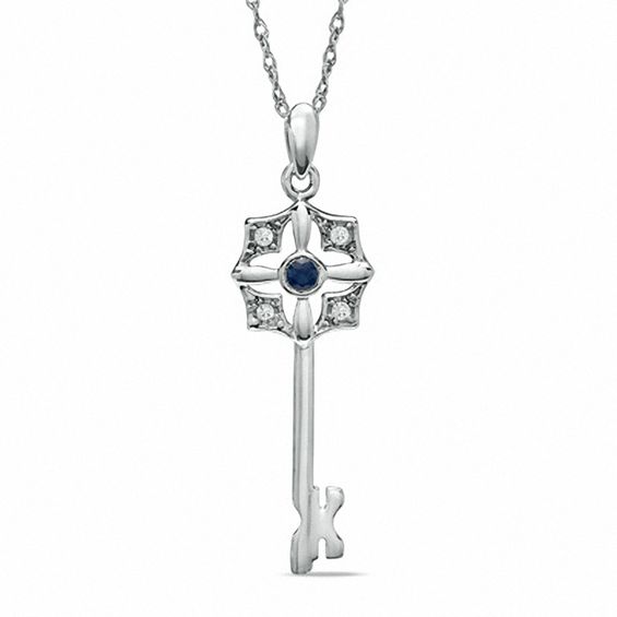 Blue Sapphire and Diamond Accent Key Pendant in Sterling Silver