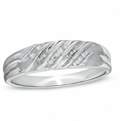 Men's 0.10 CT. T.W. Diamond Multi-Groove Wedding Band in 10K White Gold