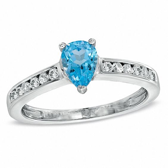 Pear-Shaped Blue Topaz and 0.21 CT. T.W. Diamond Ring in 10K White Gold ...