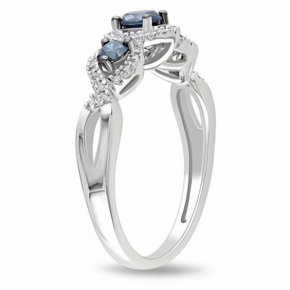 0.50 CT. T.W. Enhanced Blue and White Diamond Frame Three Stone Ring in 14K White Gold