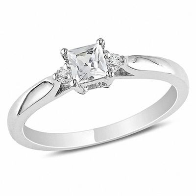 Princess-Cut White Lab-Created Sapphire and 0.04 CT. T.W. Diamond Promise Ring in Sterling Silver