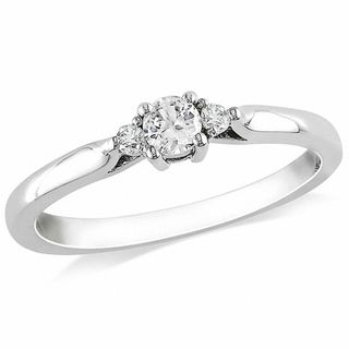 White Lab-Created Sapphire and 0.04 CT. T.W. Diamond Three Stone Promise Ring in Sterling Silver