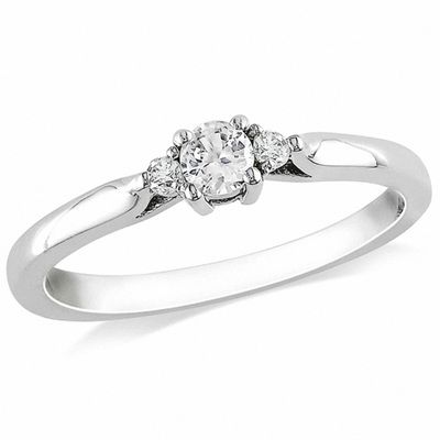 White Lab-Created Sapphire and 0.04 CT. T.W. Diamond Three Stone Promise Ring in Sterling Silver