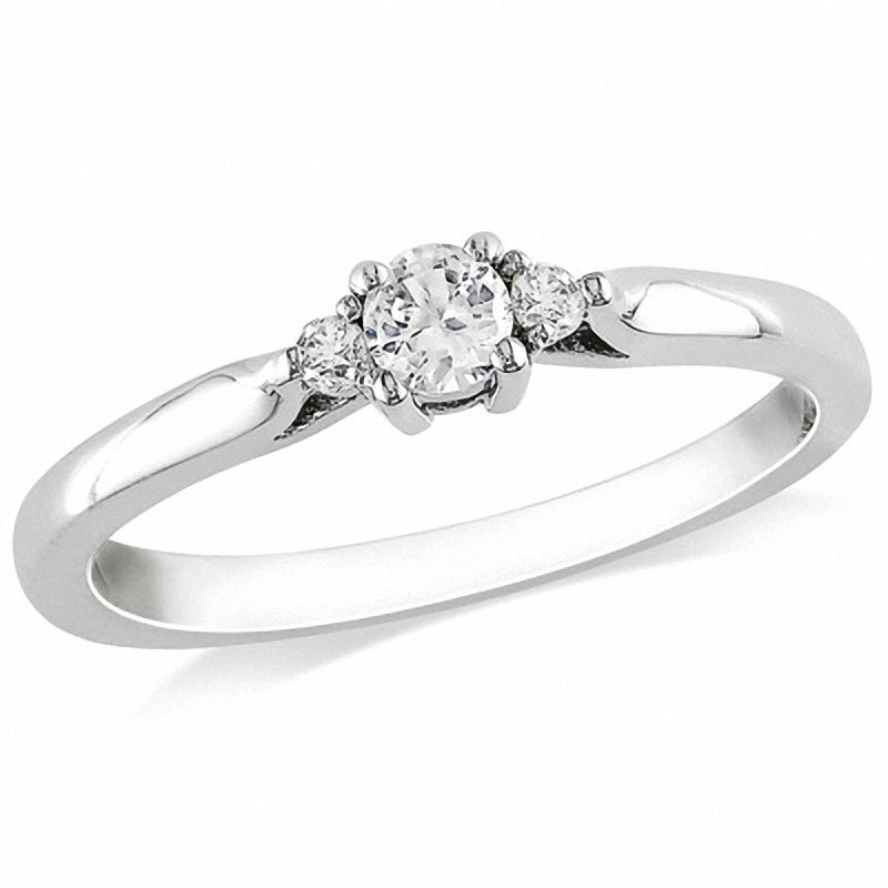 White Lab-Created Sapphire and 0.04 CT. T.W. Diamond Three Stone Promise Ring in Sterling Silver|Peoples Jewellers
