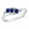 Lab-Created Blue Sapphire Three Stone Slant Ring in 10K White Gold with Diamond Accents