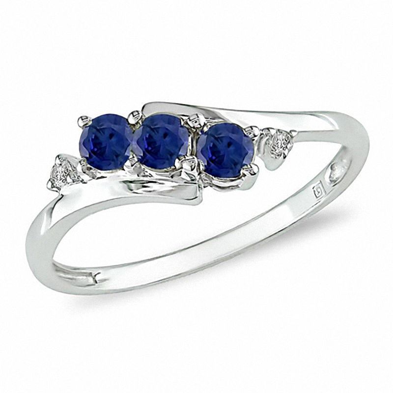 Lab-Created Blue Sapphire Three Stone Slant Ring in 10K White Gold with Diamond Accents|Peoples Jewellers