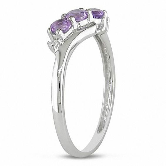 Amethyst and Diamond Accent Three Stone Slant Ring in 10K White Gold