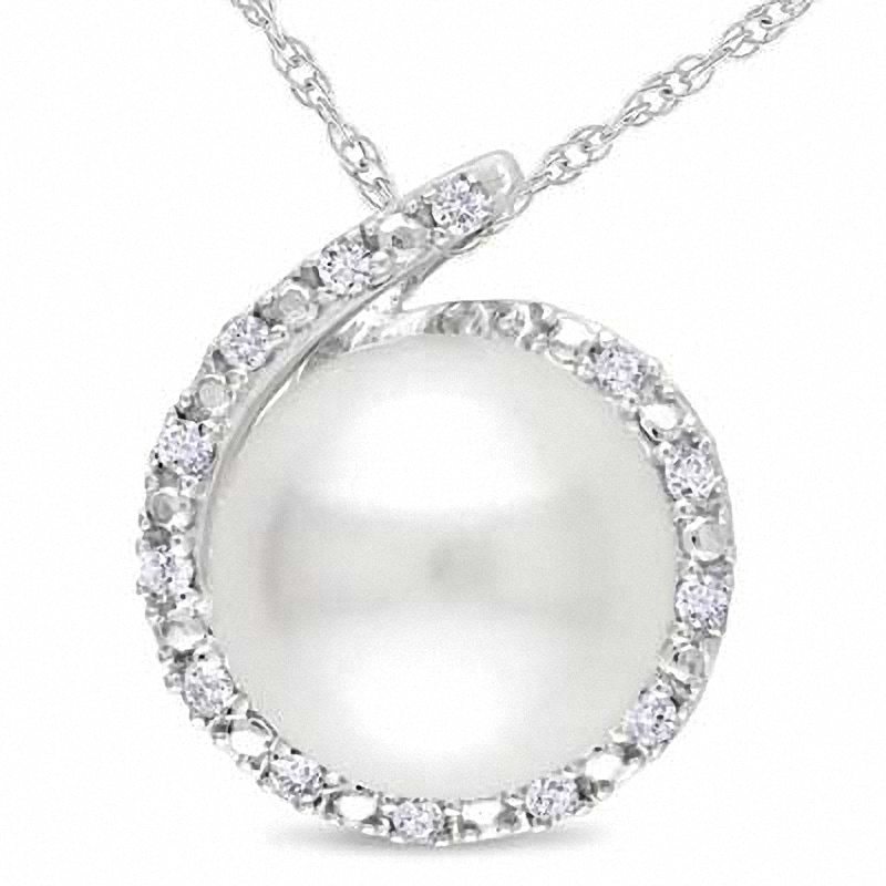 8.0-8.5mm Freshwater Cultured Pearl and 0.065 CT. T.W. Diamond Pendant in 10K White Gold-17"