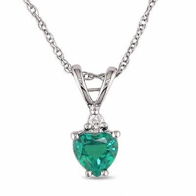 5.0mm Heart-Shaped Lab-Created Emerald and Diamond Accent Pendant in 10K White Gold - 17"