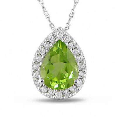 Pear-Shaped Peridot and 0.18 CT. T.W. Diamond Pendant in 14K White Gold - 17"