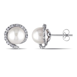 8.0-8.5mm Freshwater Cultured Pearl and 0.09 CT. T.W. Diamond Frame Stud Earrings in 10K White Gold