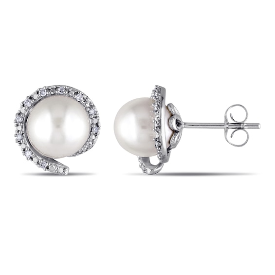 8.0-8.5mm Freshwater Cultured Pearl and 0.09 CT. T.W. Diamond Frame Stud Earrings in 10K White Gold