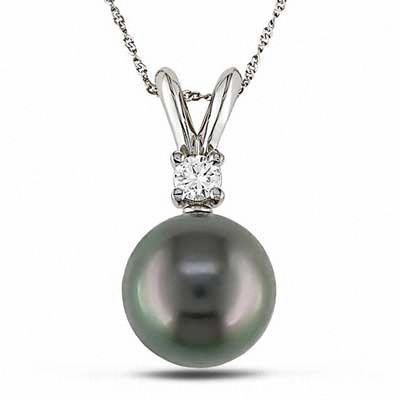 8.0-9.0mm Black Tahitian Cultured Pearl and 0.05 CT. T.W. Diamond Pendant in 14K White Gold-17"