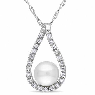 6.0-7.0mm Freshwater Cultured Pearl and 0.115 CT. T.W. Diamond Loop Pendant in 14K White Gold-17"