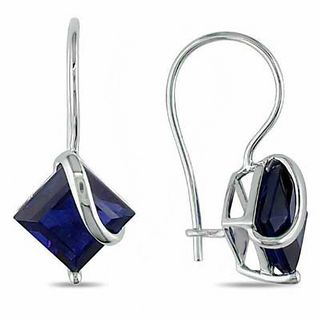 7.0mm Princess-Cut Blue Lab-Created Sapphire Swirl Drop Earrings in 10K White Gold