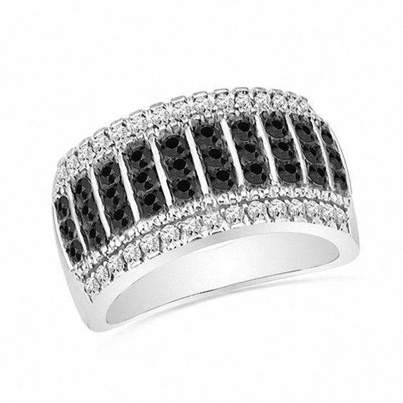 1.00 CT. T.W. Enhanced Black and White Diamond Stripe Fashion Band in 10K White Gold